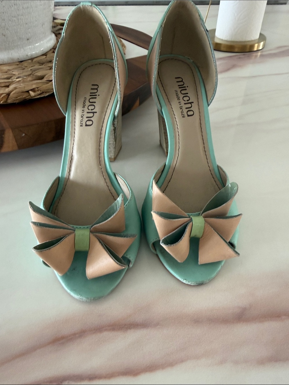 Miucha Mint Green & Peach Peep-Toe Block Heel Pumps - Picture 2 of 5
